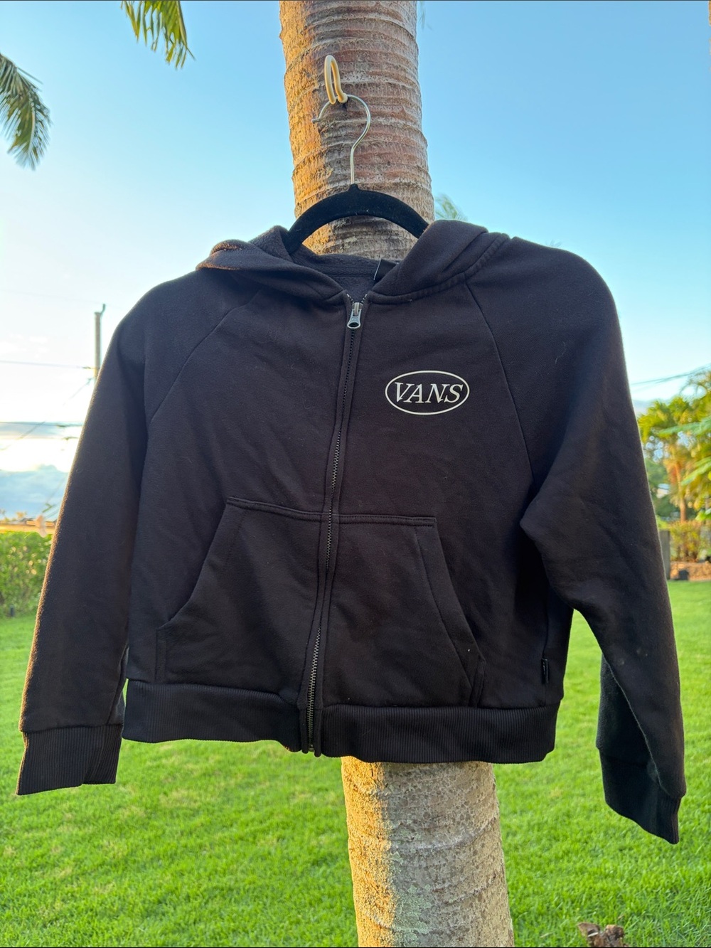 Vans Black Cropped Zip Front Hoodie with Oval Logo